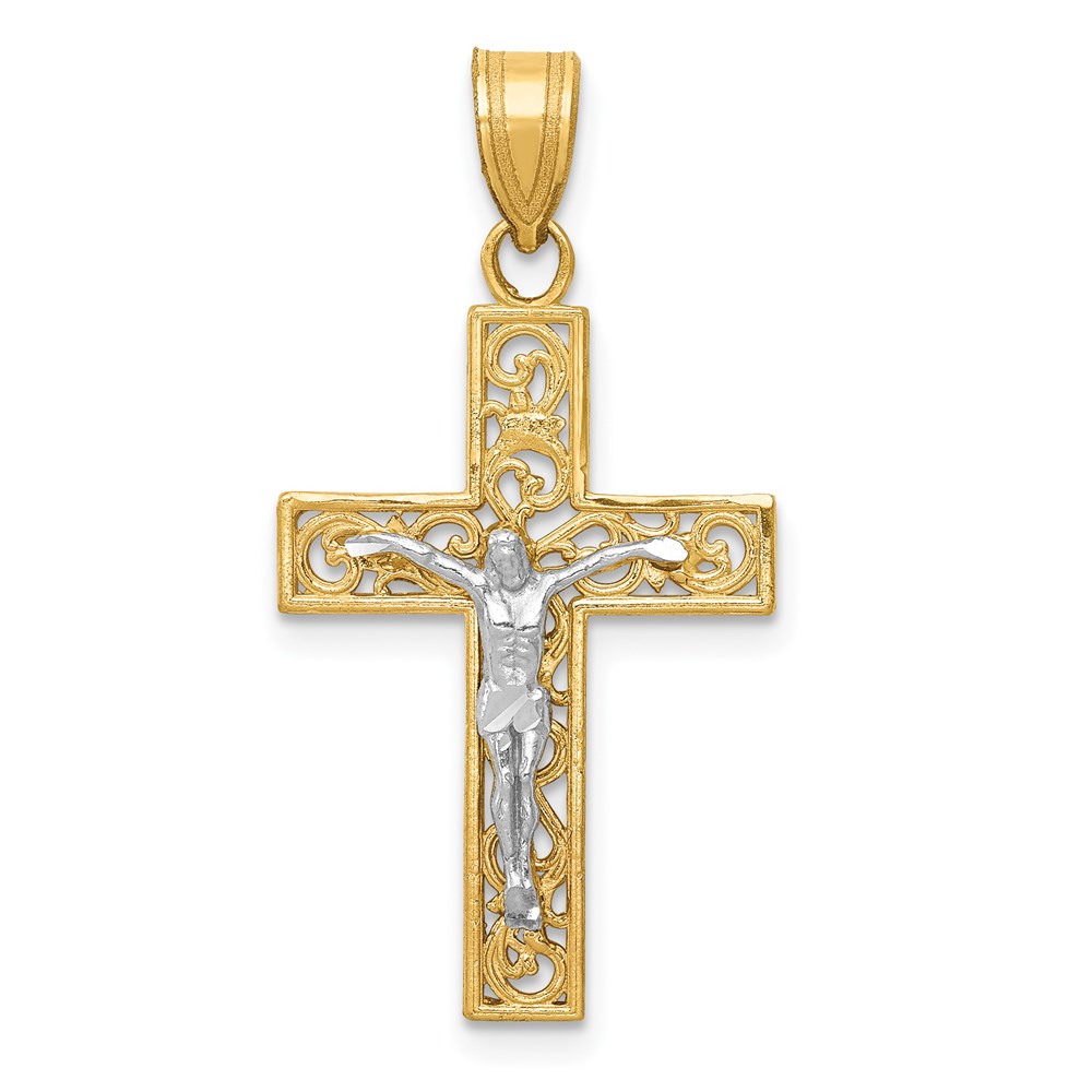 C4392.jpg 14K Two-Tone Diamond-cut Small Filigree Crucifix Pendant - Image 1