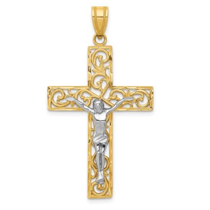 14K Two-Tone Diamond-cut Large Filigree Crucifix Pendant