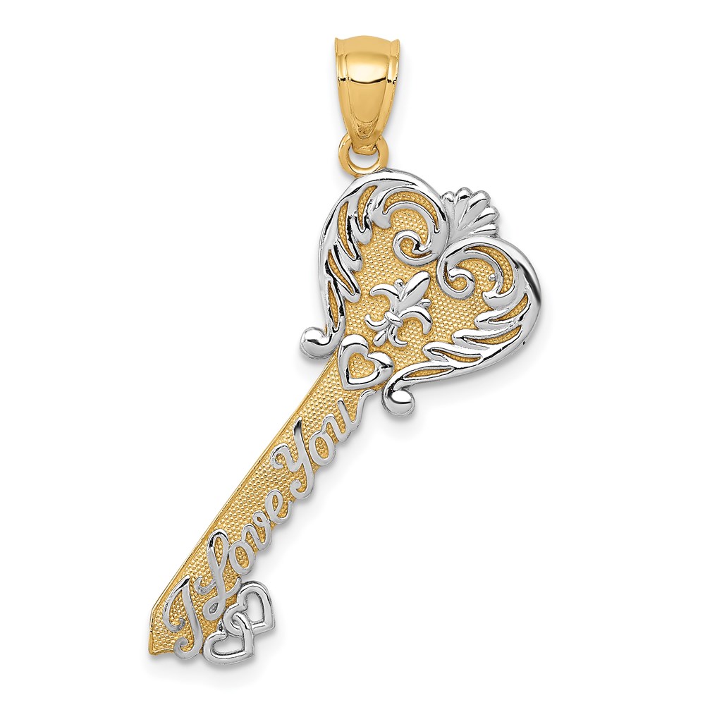 C4489.jpg 14K and White Rhodium Polished I LOVE YOU Script Fleur de Lis Heart Key Charm - Image 1