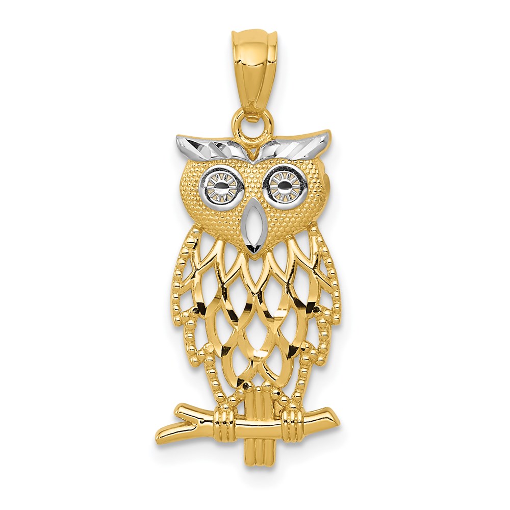 C4496.jpg 14k and White Rhodium Diamond-cut Owl Pendant - Image 1