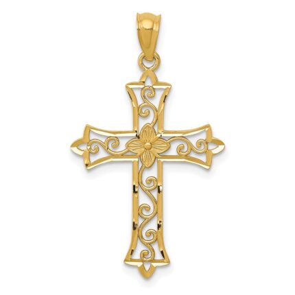 14k Diamond-cut Flower Center Scrolled Cross Pendant