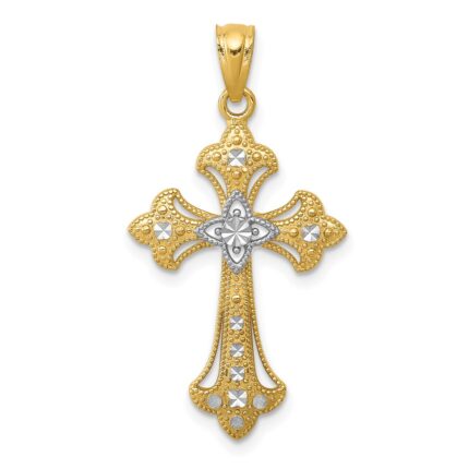 14K and White Rhodium Diamond-Cut Fleur de Lis Cross Pendant