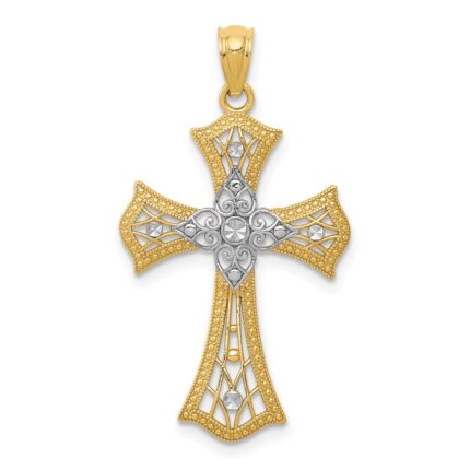 14K with White Rhodium Diamond-Cut Cross Pendant