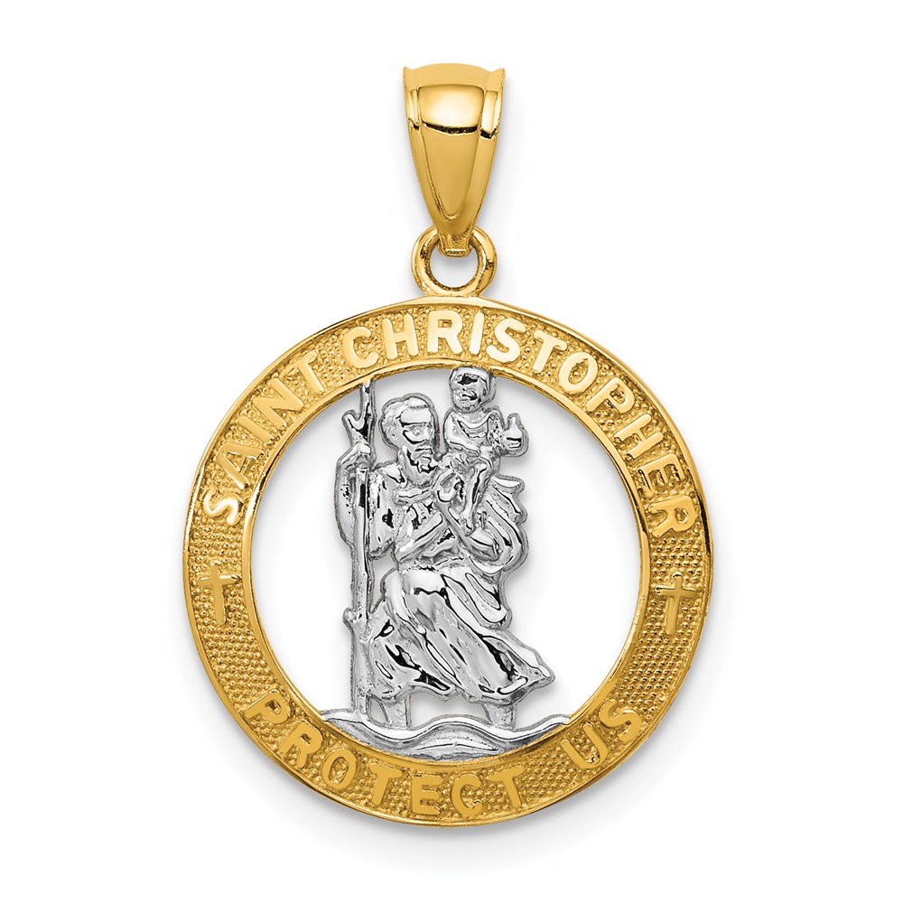 C4521.jpg 14K and White Rhodium Solid Cut-out St Christopher Medal Round Pendant - Image 1