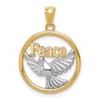 14K and White Rhodium Polished PEACE Dove Circle Pendant