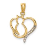 14K and White Rhodium Sitting Cat in a Heart Pendant