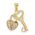 14K Two-tone Polished Filigree Heart Lock and Diamond-cut Key Charm - Image 3