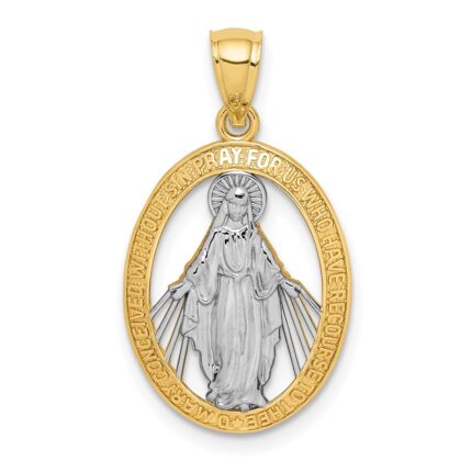 14K and White Rhodium Polished Cut-out Miraculous Medal Oval Pendant
