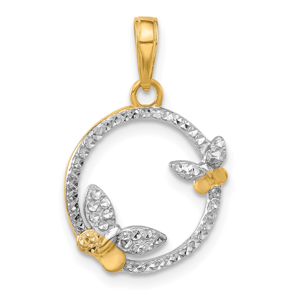 C4874.jpg 14K and White Rhodium Diamond-cut Butterflies on Circle Pendant - Image 1