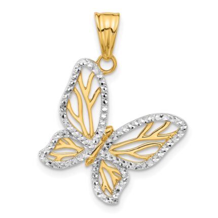 14K and White Rhodium Diamond-cut Butterfly Pendant