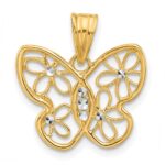 14K and White Rhodium Polished and Diamond-cut Flower Butterfly Pendant
