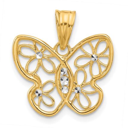14K and White Rhodium Polished and Diamond-cut Flower Butterfly Pendant
