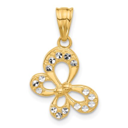 14K and White Rhodium Polished and Diamond-cut Butterfly Pendant