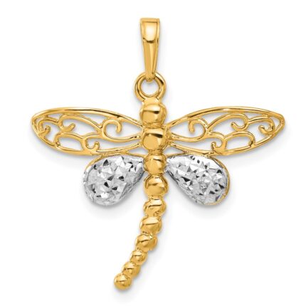 14k and White Rhodium Polished and Diamond-cut Dragonfly Pendant