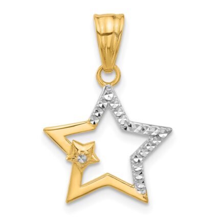 14K and White Rhodium Diamond-cut Stars Pendant