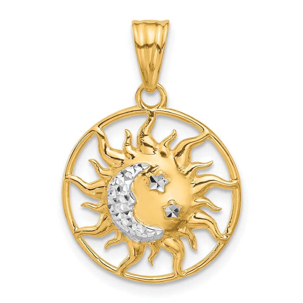 C4891.jpg 14K and White Rhodium Diamond-cut Sun Moon Stars Pendant - Image 1