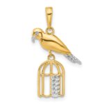14K and White Rhodium Diamond-cut Bird on Bird Cage Pendant