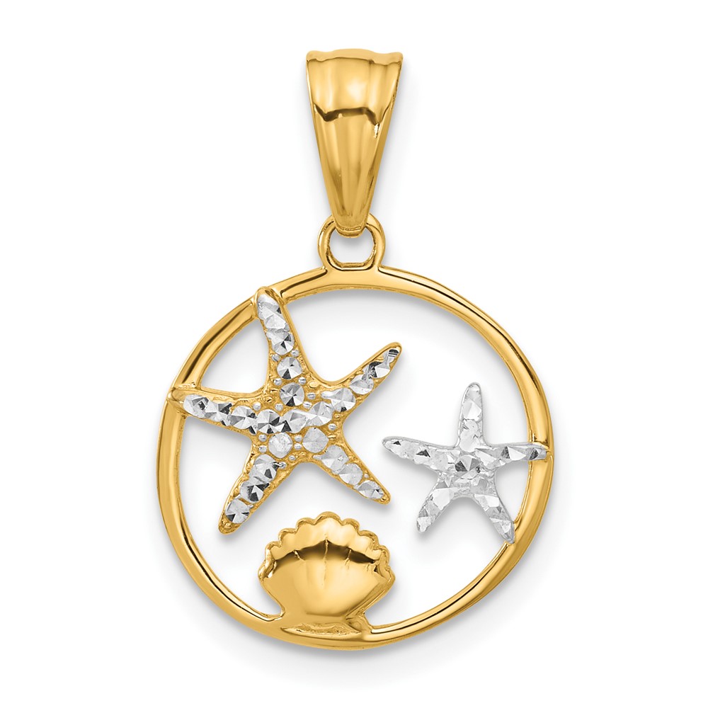 C4914.jpg 14K with White Rhodium Diamond Cut Starfish Seashell in Circle Pendant - Image 1