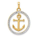 14k and White Rhodium Diamond-cut Anchor Dangle in Circle Pendant