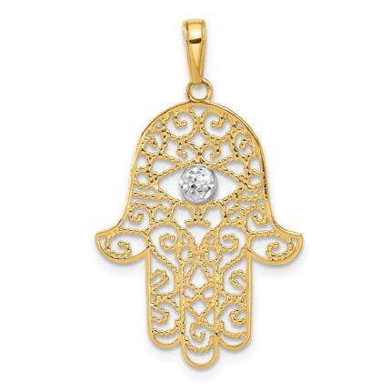 14k and White Rhodium Diamond-cut Filigree Hamsa Pendant