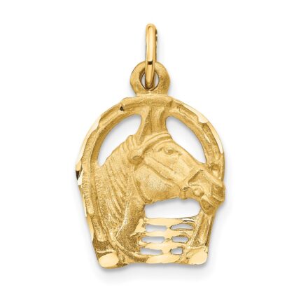 14k Satin Diamond-cut Horse Head in Horseshoe Charm