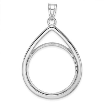Wideband Distinguished Coin Jewelry 14k White Gold Polished and Diamond-cut Teardrop 27.0mm Prong Coin Bezel Pendant