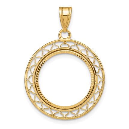 Wideband Distinguished Coin Jewelry 14k Polished and Diamond-cut Fancy Wire 16.5mm Prong Coin Bezel Pendant