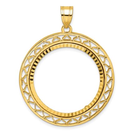 Wideband Distinguished Coin Jewelry 14k Polished and Diamond-cut Fancy Wire 27.0mm Prong Coin Bezel Pendant