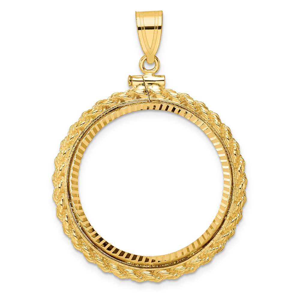 C8195D_27.0.jpg Wideband Distinguished Coin Jewelry 14k Polished and Diamond-cut Casted Rope 27mm x 2.35mm Screw Top Coin Bezel Pendant - Image 1