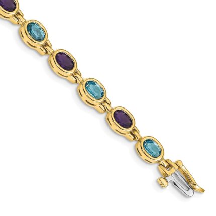14k Complete Oval Amethyst and Sky Blue Topaz Bezel-set 7 inch Bracelet