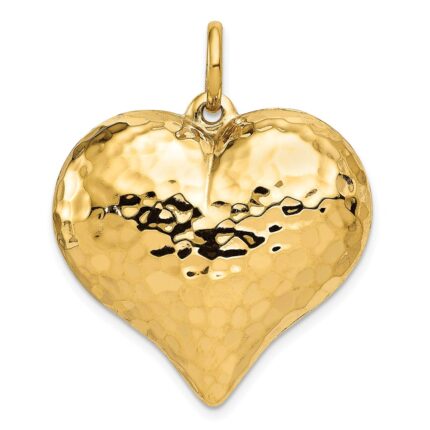 14K Polished and Hammered 3-D Puffed Heart Pendant