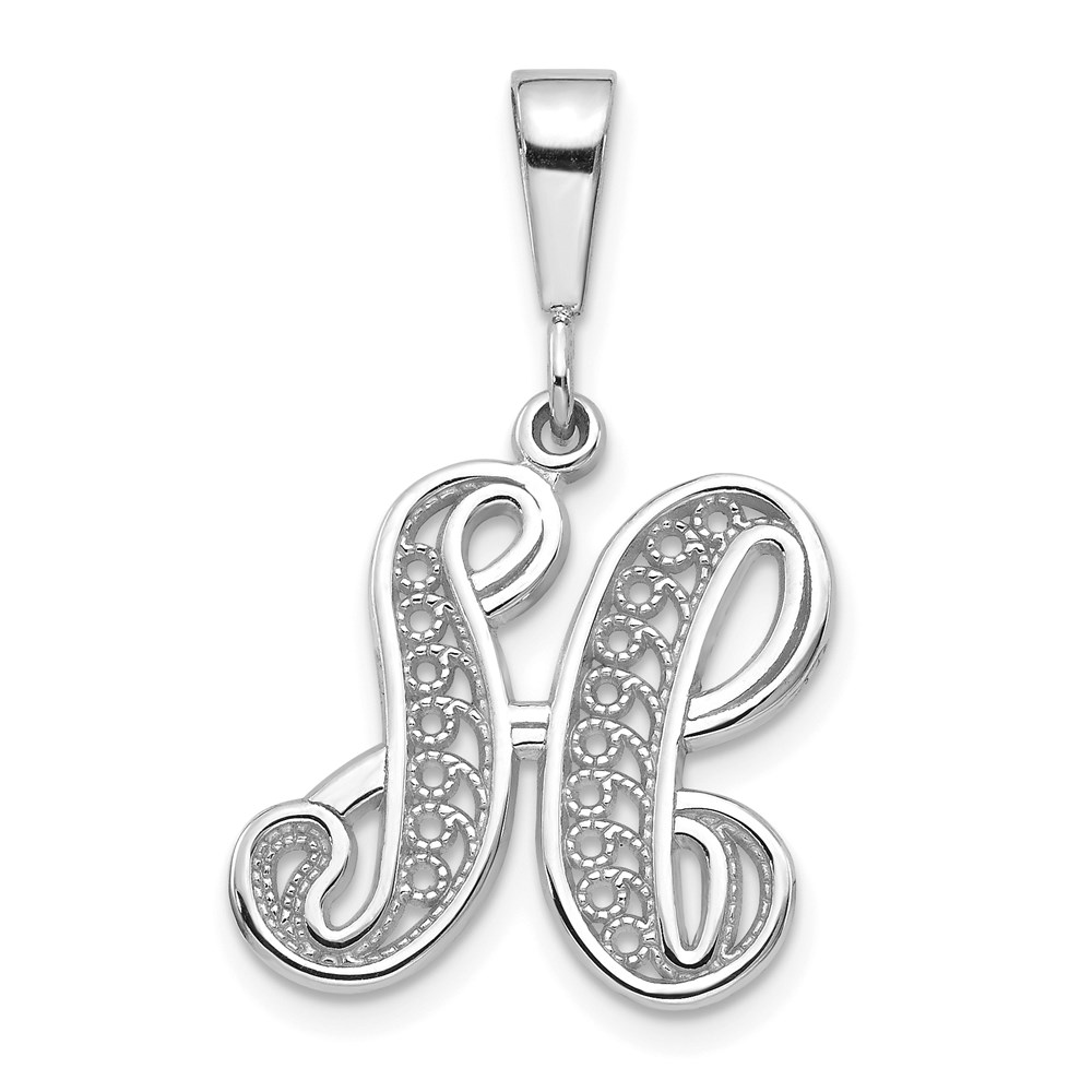 D1281H.jpg 14KW White Gold Solid Polished Script Filigree Letter H Initial Pendant - Image 1
