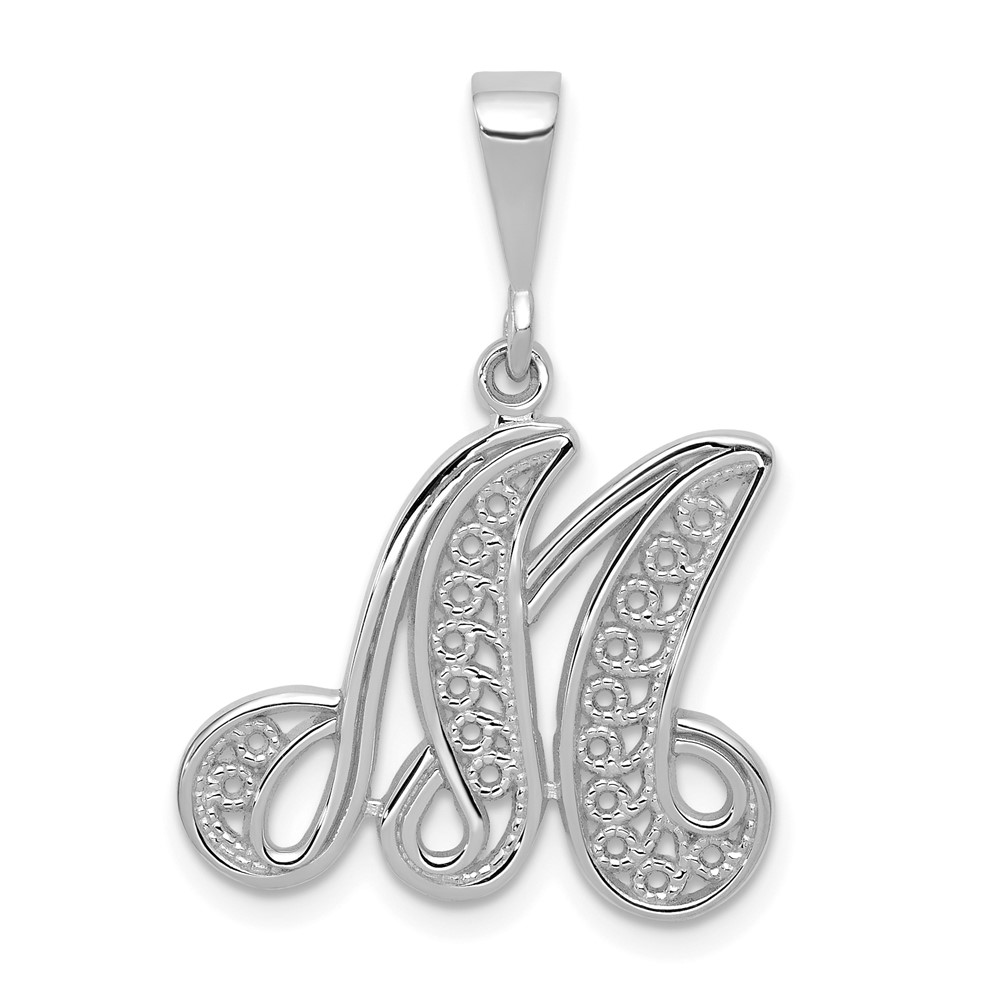 D1281M.jpg 14KW White Gold Solid Polished Script Filigree Letter M Initial Pendant - Image 1