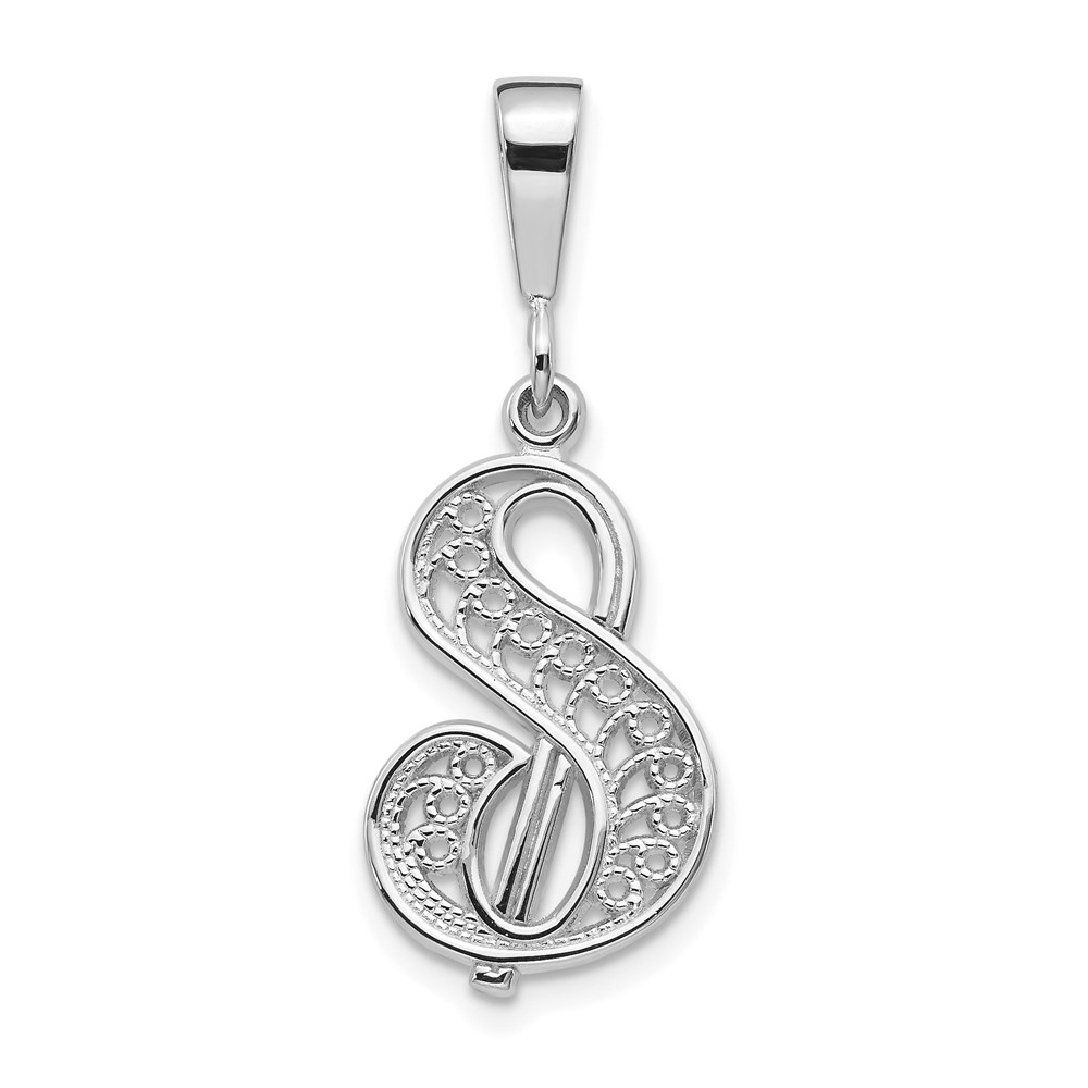 D1281S.jpg 14KW White Gold Solid Polished Script Filigree Letter S Initial Pendant - Image 1