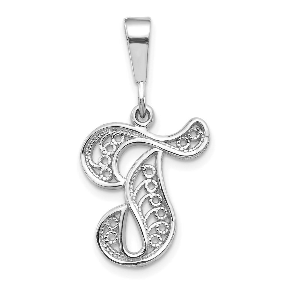 D1281T.jpg 14KW White Gold Solid Polished Script Filigree Letter T Initial Pendant - Image 1