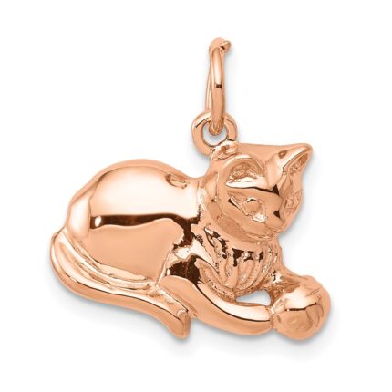 14k Rose Gold Solid Polished Open-Backed Cat with Ball Charm