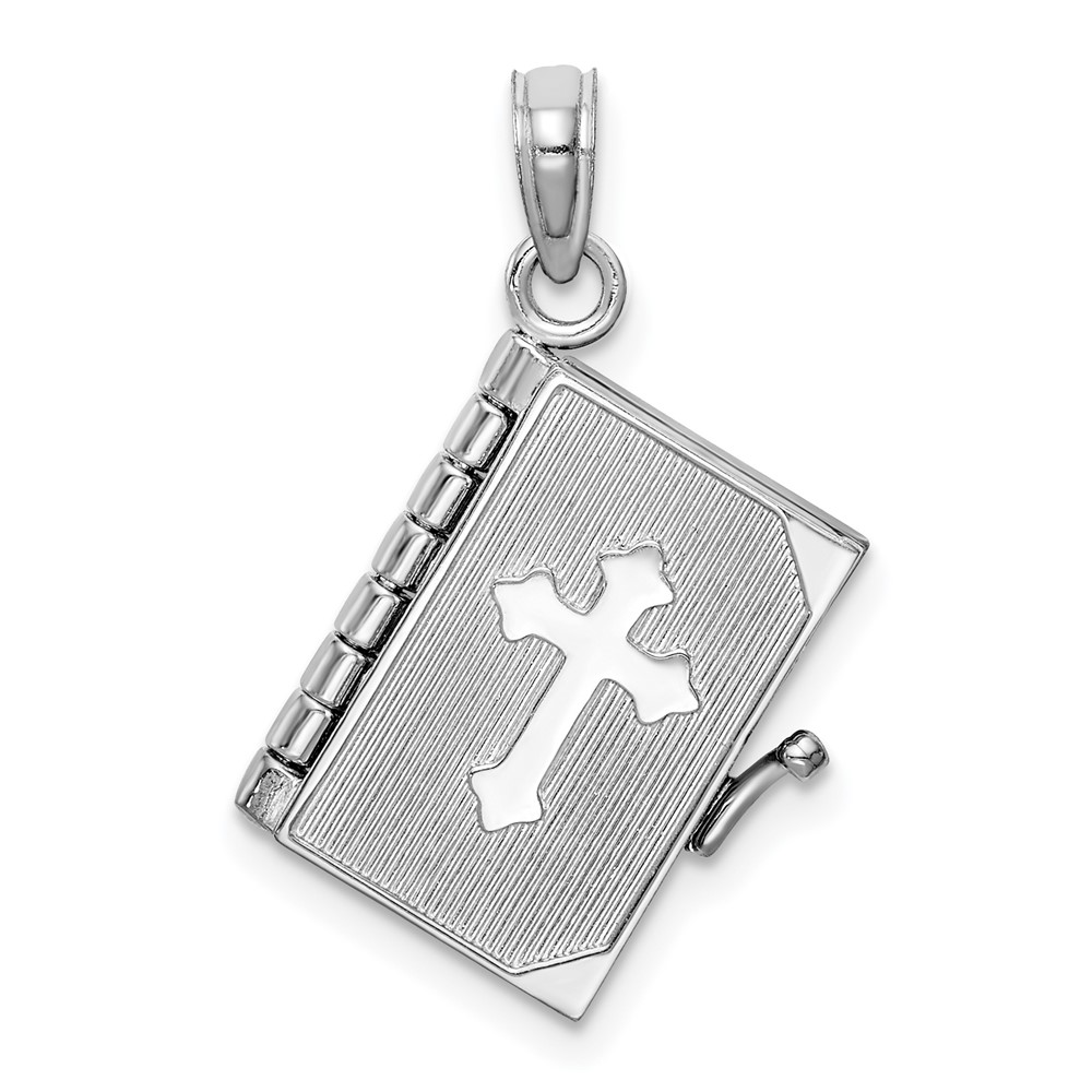 D1504W.jpg 14K White Gold 3-D Bible with Lord's Prayer and Moveable Pages Pendant - Image 1