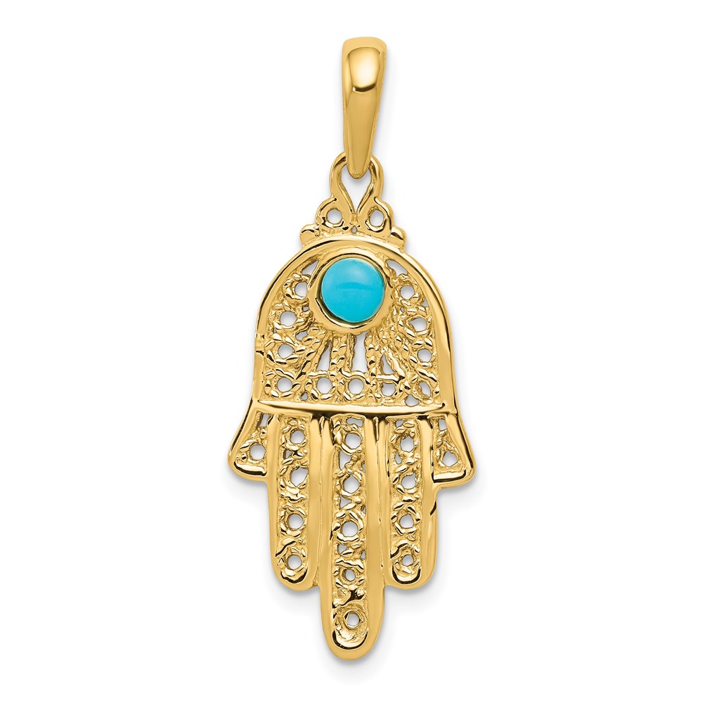 D1707.jpg 14k Turquoise Filigree Chamseh Pendant - Image 1