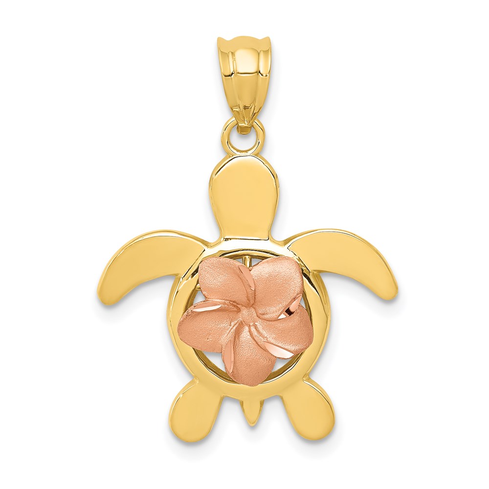D3343.jpg 14k Two-tone Diamond-cut Rose Plumeria Turtle Pendant - Image 1
