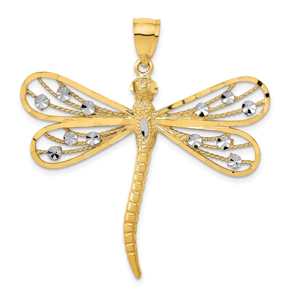 D3433.jpg 14K and White Rhodium Diamond-cut Filigree Dragonfly Pendant - Image 1