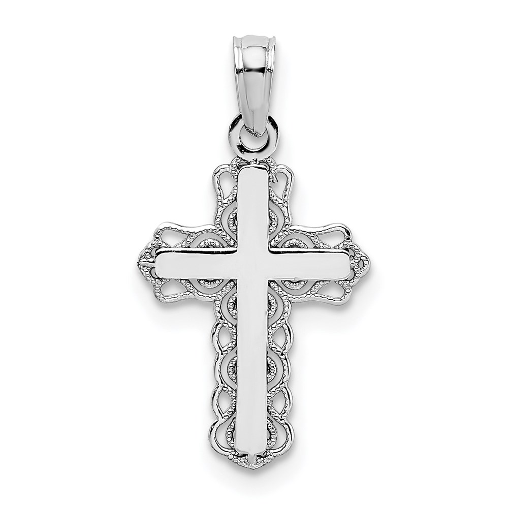 D3501W.jpg 14K White Gold with Lacey Trim and Polished Center Cross Charm - Image 1