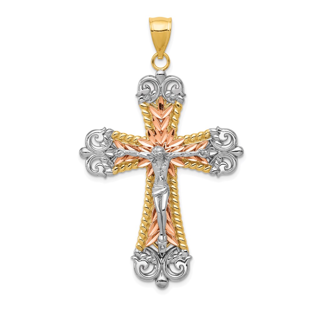 D3653.jpg 14K Tri-Color and White Rhodium Large Diamond-cut Crucifix Pendant - Image 1