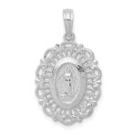 14k White Gold Polished and Satin Solid Miraculous Medal Scalloped Edge Oval Pendant