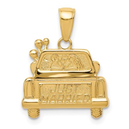 14K Polished and Textured JUST MARRIED Car Pendant