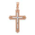 14K Rose Gold and White Rhodium Diamond-Cut Fleur de Lis Cross Pendant