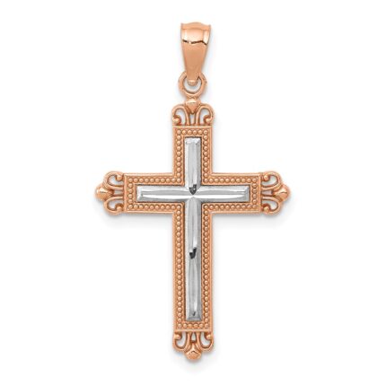 14K Rose Gold and White Rhodium Diamond-Cut Fleur de Lis Cross Pendant