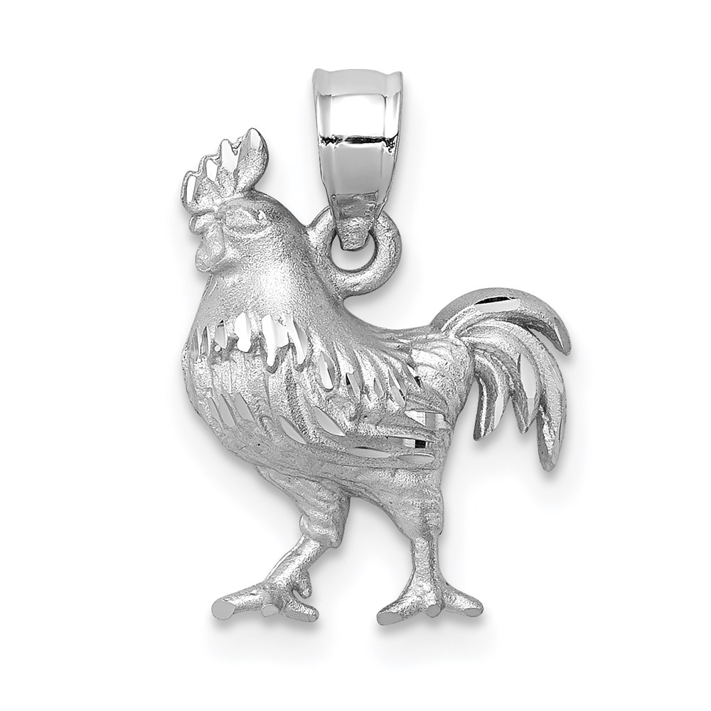 D4593.jpg 14k White Gold Satin Diamond-cut Rooster Pendant - Image 1