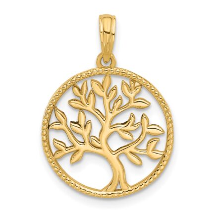 14K Polished Circle with Tree Charm