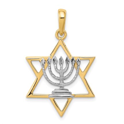14K and White Rhodium Solid Menorah In Star Of David Charm