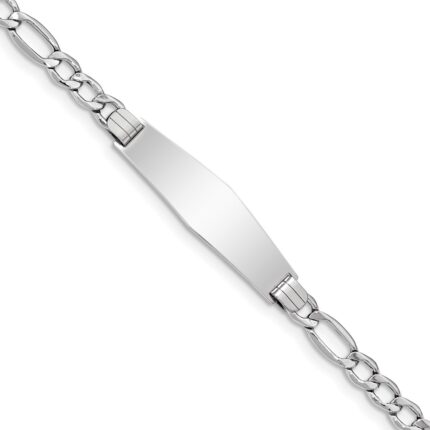 14K White Gold Polished Semi-Solid Chain/Solid Plate Figaro Link Soft Diamond Shape 34x10mm Plate 8 inch ID Bracelet